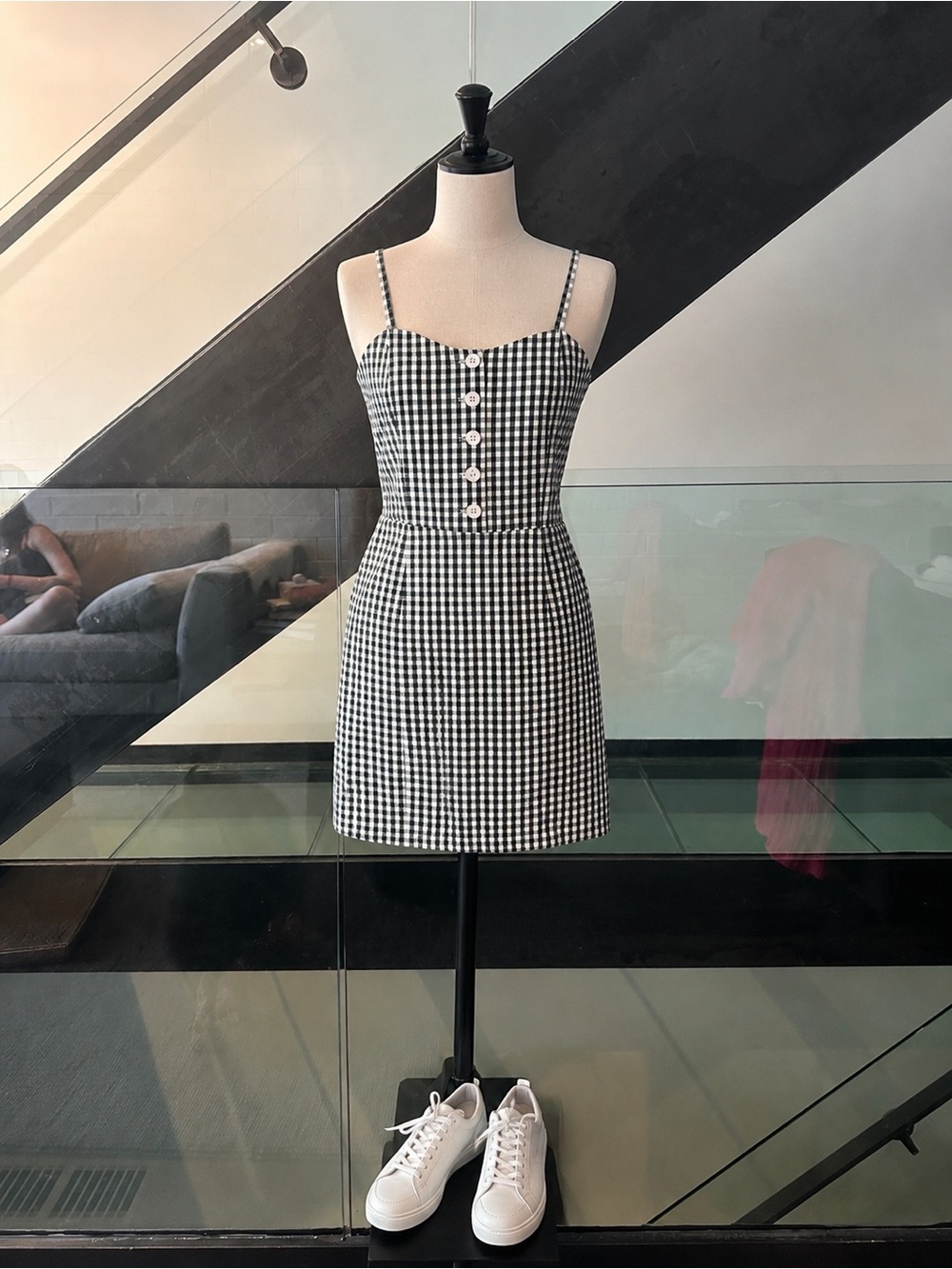 Petite Studio Green & White Gingham Spaghetti-Strap Mini Dress